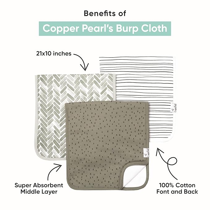 Copper Pearl Premium Baby Burp Cloths - 3-Pack Large Cotton Burp Cloths, Extra Soft Spit Up Rags with 3 Absorbent Layers, Perfect for Baby Boy and Baby Girl Gifts (21" x 10" Size, Peanut Set)