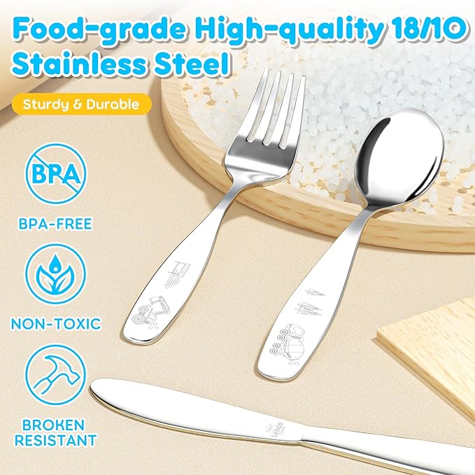 Lehoo Castle Kids Silverware Stainless Steel, 6pcs Toddler Spoons and Forks Knife Set, Safe Children Flatware, Silverware for Toddlers, Toddler Utensils Self Feeding (Construction Vehicles)