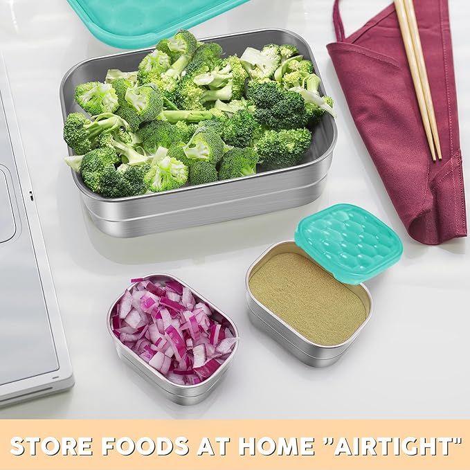 Small Stainless Steel Lunch Containers for Kids | Leak Proof Food Containers with Silicone Lids - Perfect Metal Food Containers with Lids for Kids School and Toddler Daycare (25oz+8oz*2)