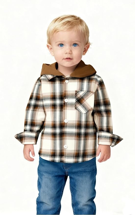 YOUNGER STAR Toddler Kids Boys Girls Flannel Hooded Plaid Shirt Button Baby Red - Image 2