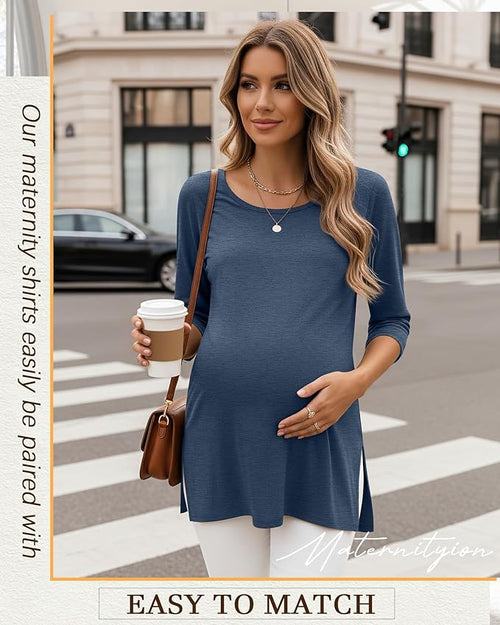3 Pack Women's 3/4 Sleeve Maternity Shirts Elbow Length Clothes Round Neck Tunics Pregnancy Loose Side Split Tops