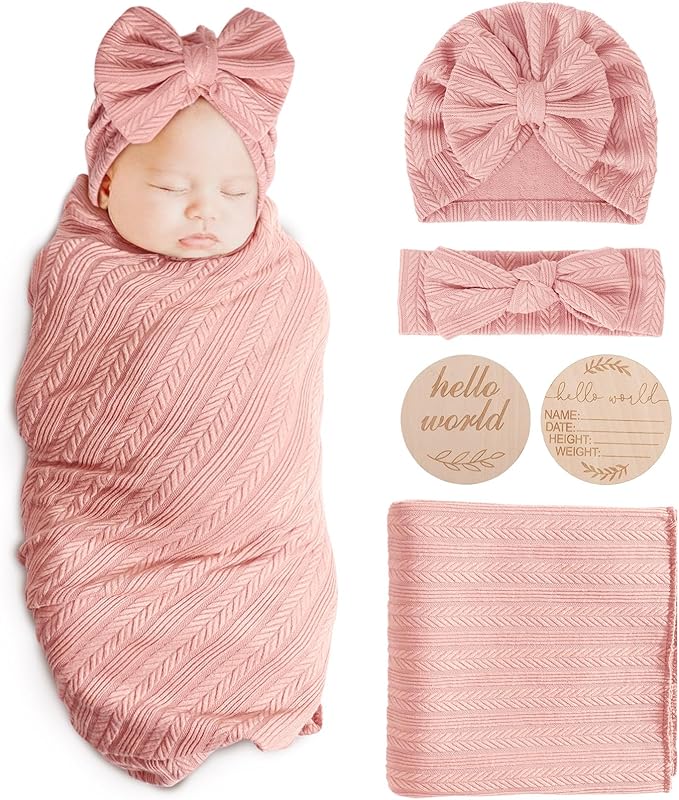 AQOKKA Newborn Receiving Blanket Wheat Ear Bow Hat Hairband Set by AQOKKA