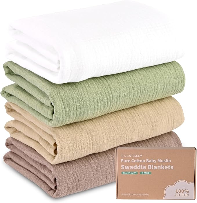 NESTALLY Cocoon Muslin Swaddle Blankets 4 Pack, Sage Green & Neutral | 100% by NESTALLY