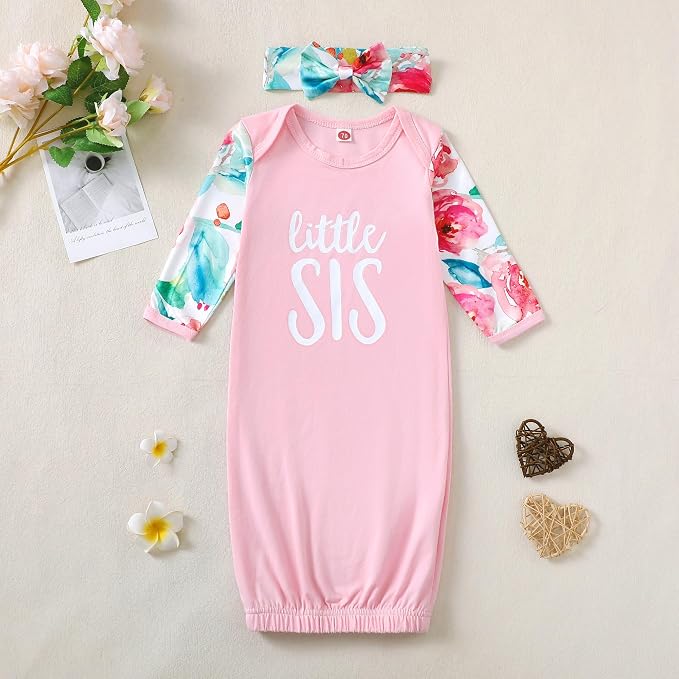 AMAWMW Newborn Baby Girl Little Sister Sleeper Gown Stripe Long Sleeve - Image 4