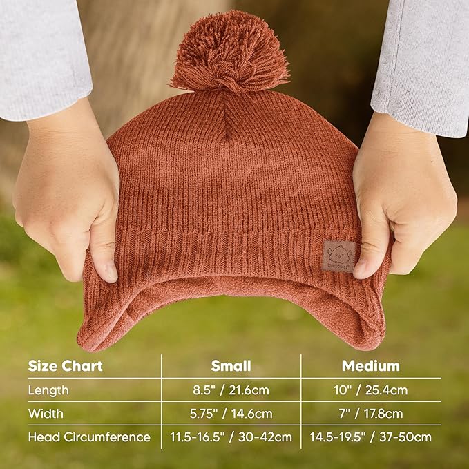 Baby Beanies, Baby Hats for Boys, Girls - Cute Toddler Winter Hat, Soft & Stretchy Beanies for Infant, Newborn 6-36 Months, Cozy & Warm with Earflap Muff & Pom (Clay)