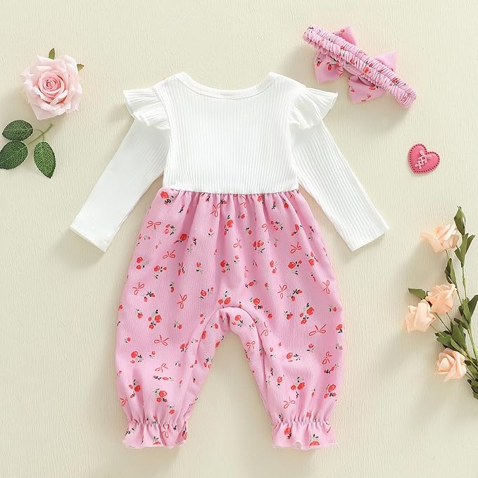 Newborn Baby Girl Clothes Ruffle Sleeve Jumpsuit Corduroy Floral - Image 6