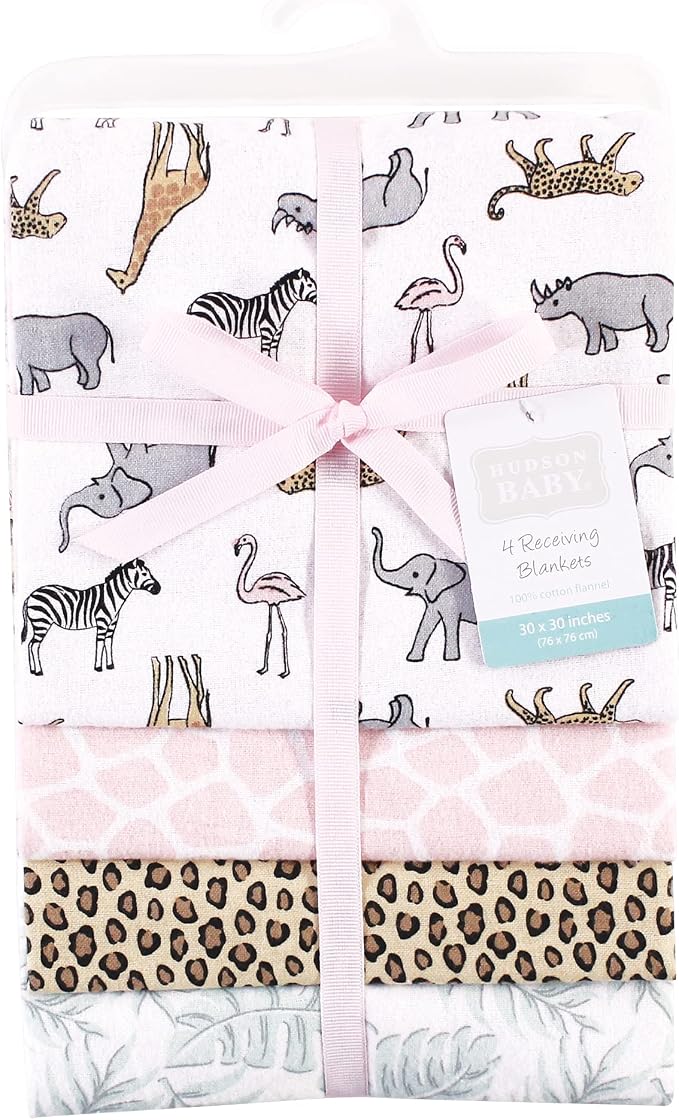 Hudson Baby Unisex Baby Cotton Flannel Receiving Blankets, Modern Pink Safari - Image 2