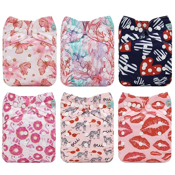 ALVA 6 Pack Cloth Diaper with 12 Inserts One Size Adjustable Washable Reusable Diaper Cover for Baby Girls and Boys