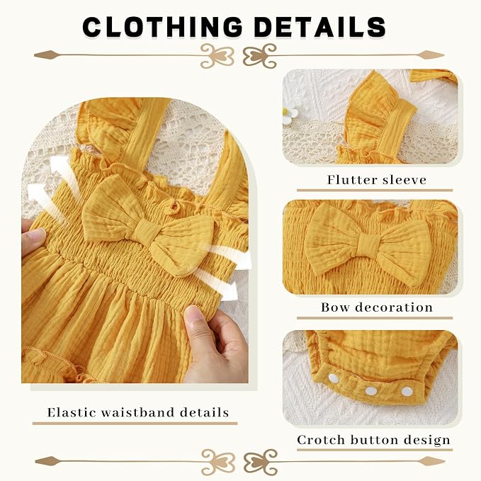 Baby Girl Smocked Romper Dress Ruffle Bow Summer Outfit - Image 4