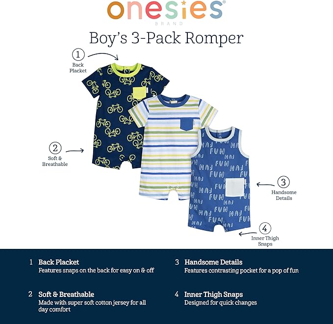 Onesies Brand Baby Boys 3-Pack Romper - Image 5