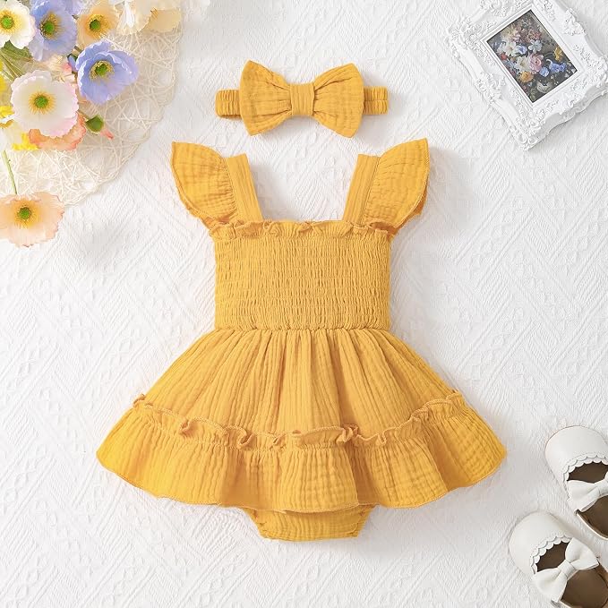 Baby Girl Smocked Romper Dress Ruffle Bow Summer Outfit - Image 3