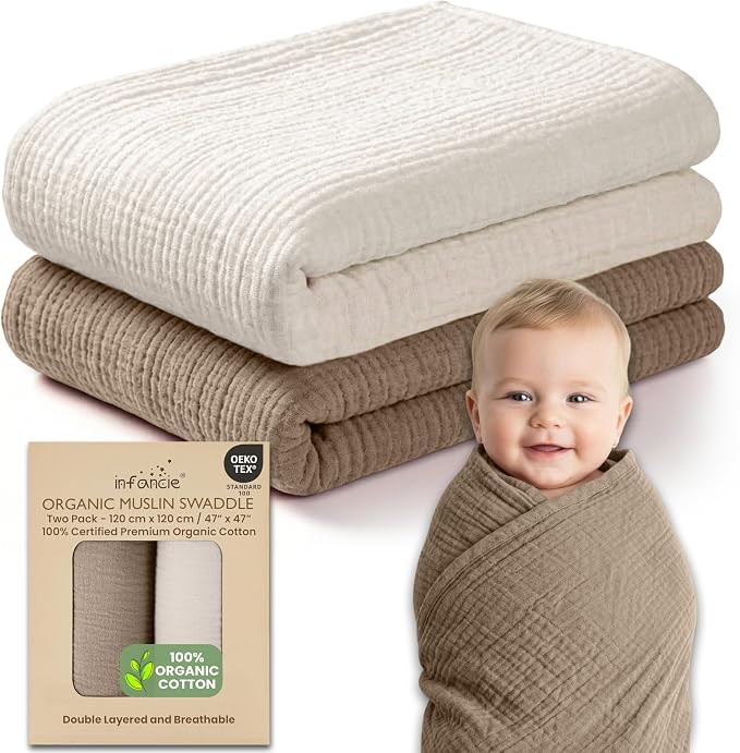 OEKO TEX 100% Organic Cotton 2 PK Baby Muslin Throw Blanket Unisex 47x47 In | by Infancie