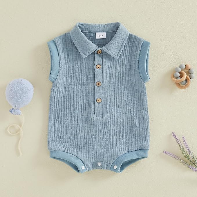 Honganda Newborn Baby Boy Cotton Linen Romper Short Sleeve Lapel Collar Button - Image 4