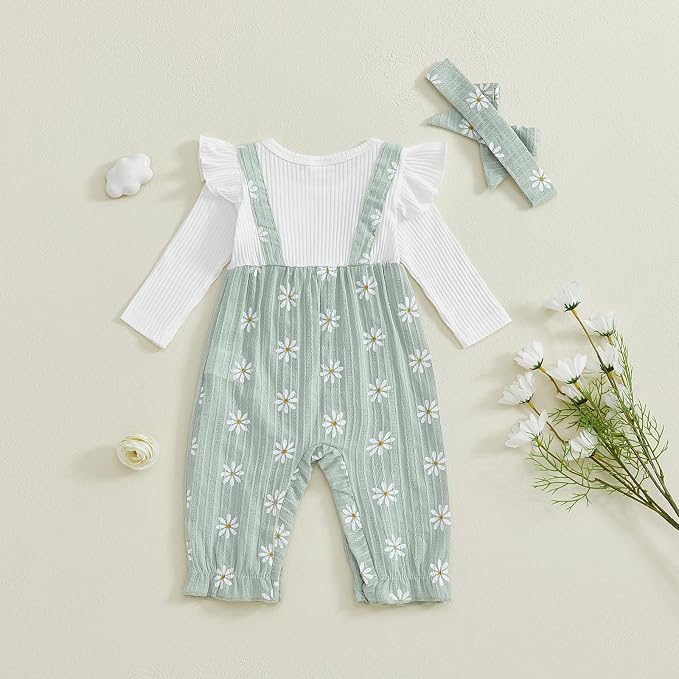 Newborn Baby Girl Clothes Ruffle Sleeve Jumpsuit Corduroy Floral - Image 6