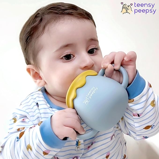 Honey Jar Pot 3-in-1 Silicone Training Cup 8.5oz, Baby Sippy Cup with Straw & Snack Cup for 6 months+ Straw Cup for Baby Boy Gift, Open Cup Toddler Smoothie Drinkware (Honey Jar Blue)