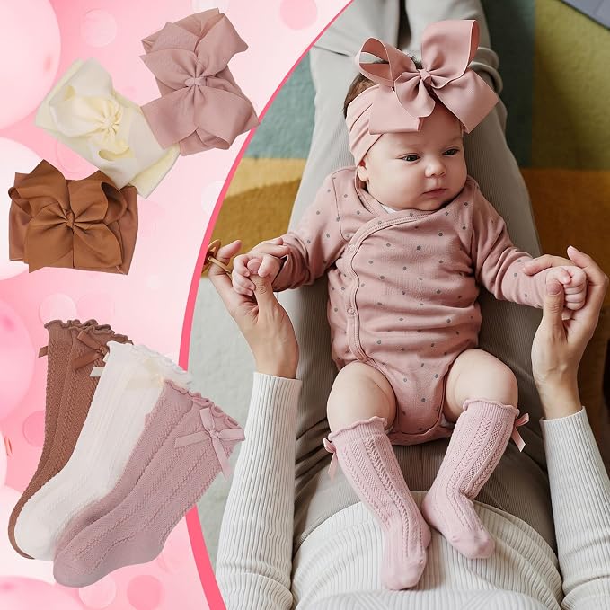 JATEBI Baby Big Bow Headband Knee High Socks Set - Image 3