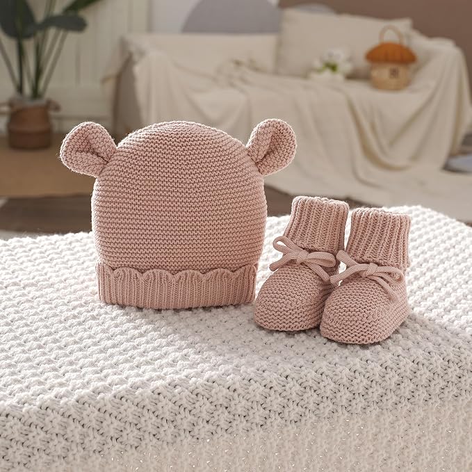 Hadetoto 100% Organic Cotton Baby Beanie and Booties Set | Newborn, Knit Sock - Image 6