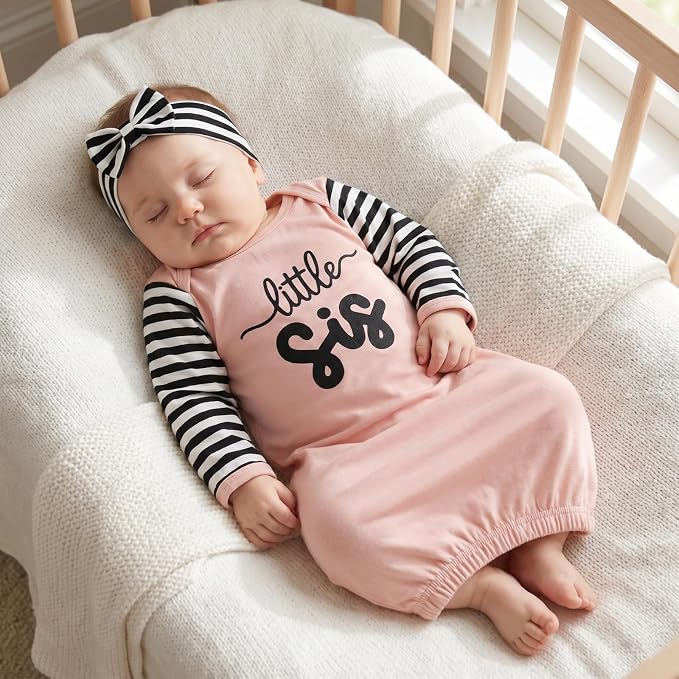 AMAWMW Newborn Baby Girl Little Sister Sleeper Gown Stripe Long Sleeve - Image 2