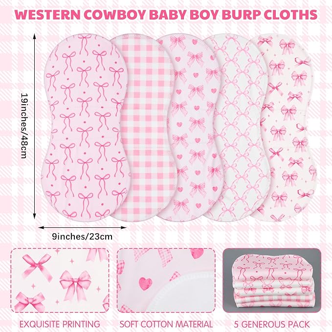 SmoothNovelty 5 Pack Pink Bow Baby Burp Cloths Soft Absorbent Burping Rags - Image 2