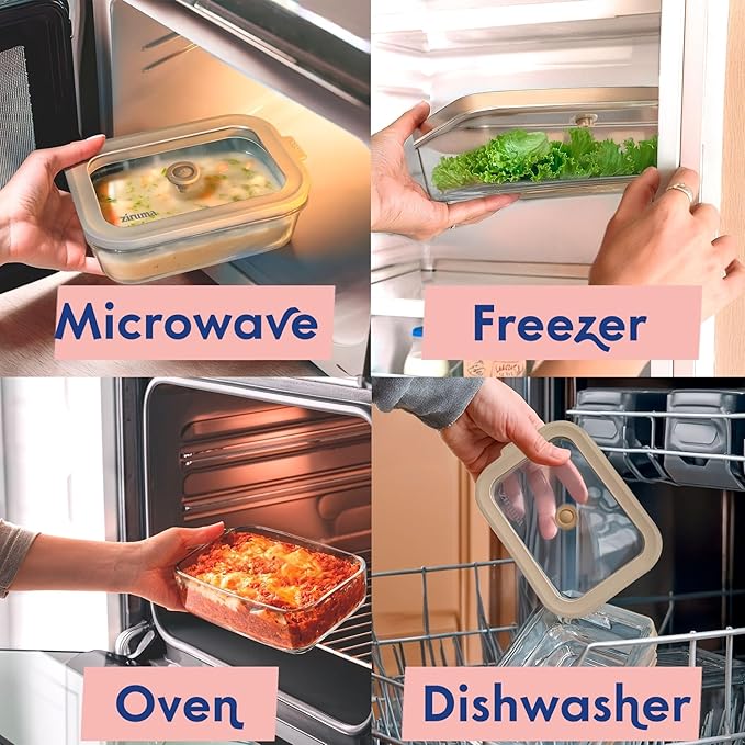 Ziruma Non-Toxic 6.2 Cup Glass Food Storage Containers with Lids, Large Food Containers, Plastic Free Meal Prep, Airtight Food Storage Container, Microwave and Freezer Safe, 2 Pack