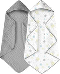Yoofoss Hooded Baby Towels for Newborn 2 Pack 100% Muslin Organic Cotton Baby Bath Towel with Hood for Babies, Infant, Toddler and Kids, 32x32Inch, Soft and Absorbent Newborn Essential,Grey Flower