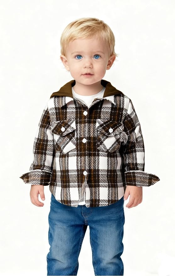 YOUNGER STAR Toddler Kids Boys Girls Flannel Hooded Plaid Shirt Button Baby Red - Image 2