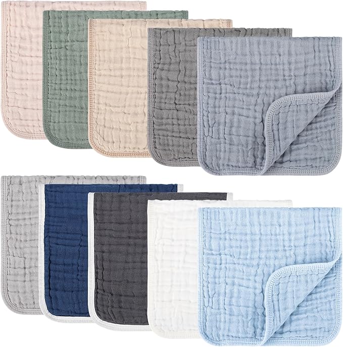10 Pack Muslin Burp Cloths, 10 Mixed Colors, Soft Absorbent Baby Burping Rags by Synrroe