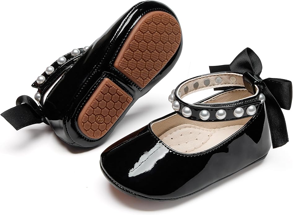 Baby Girls Mary Jane Flats - Infant Newborn Walking Shoes Soft Rubber Sole Princess Wedding