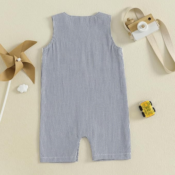 Newborn Baby Boys Sleeveless Seersucker Romper One Piece Straps Overalls - Image 3