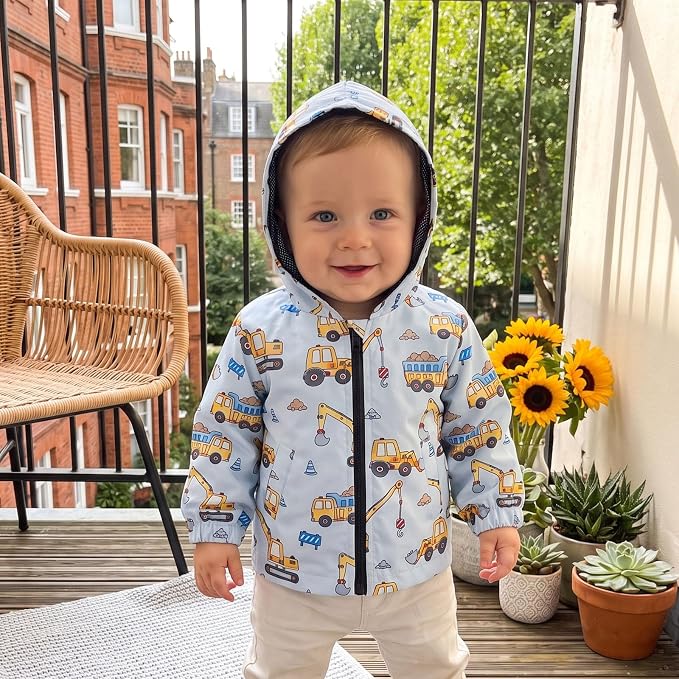 Toddler Baby Boy Lightweight Hooded Jacket Excavator Coat Outwear | Truck Print - Image 3