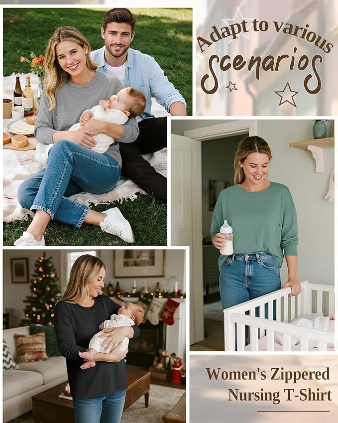 3 Pack Women's Nursing Breastfeeding Tops, Long Sleeve Maternity Shirts Oversize Hidden Zipper Pregnancy Clothes