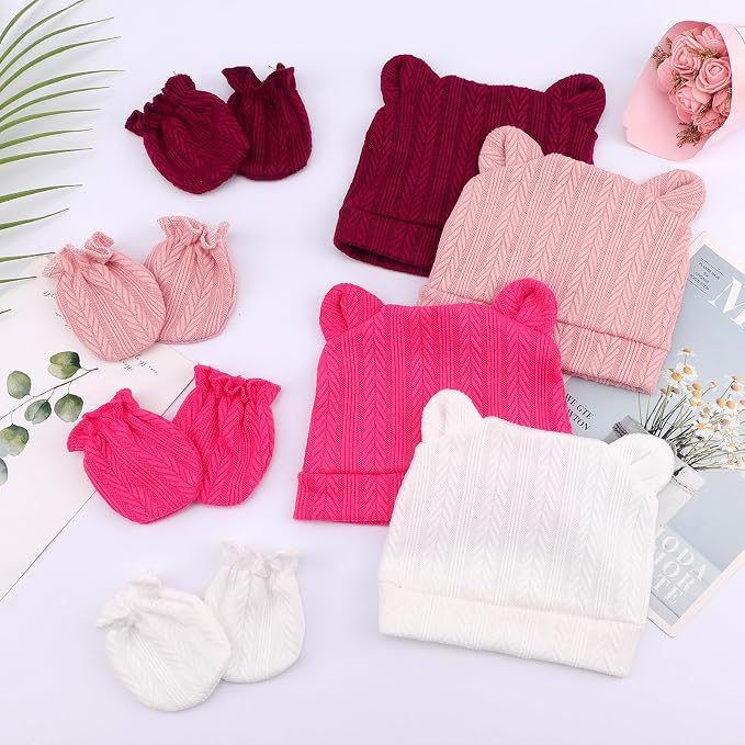 Newborn Baby Hat and Mittens Set Bear Ears Toddler Infant Beanie Caps Newborn - Image 7