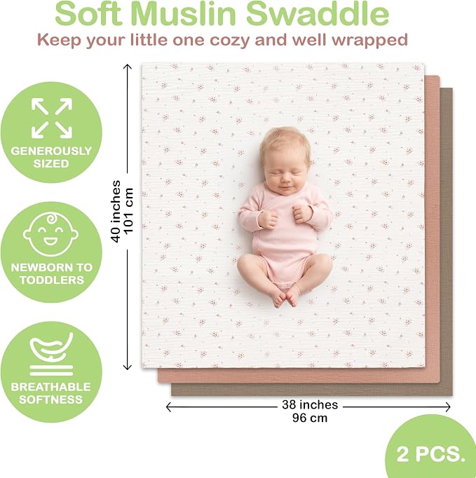 100% Organic Cotton 3 PK Baby Swaddle Blanket Girl Gift 38x40 in | Oeko-TEX - Image 5