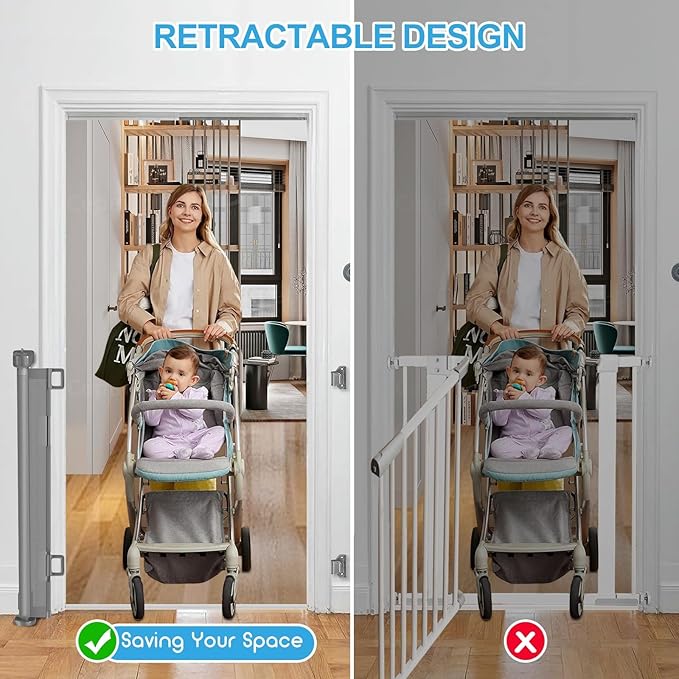 71 inch Retractable Baby Gates, EZIGO Extra Wide Baby Gate for Large Opening Extra Long Mesh Gate for Kids or Pet Dog Gate Child Safety Gate for Stairs Hallways Doorway Indoor Outdoor, Gray