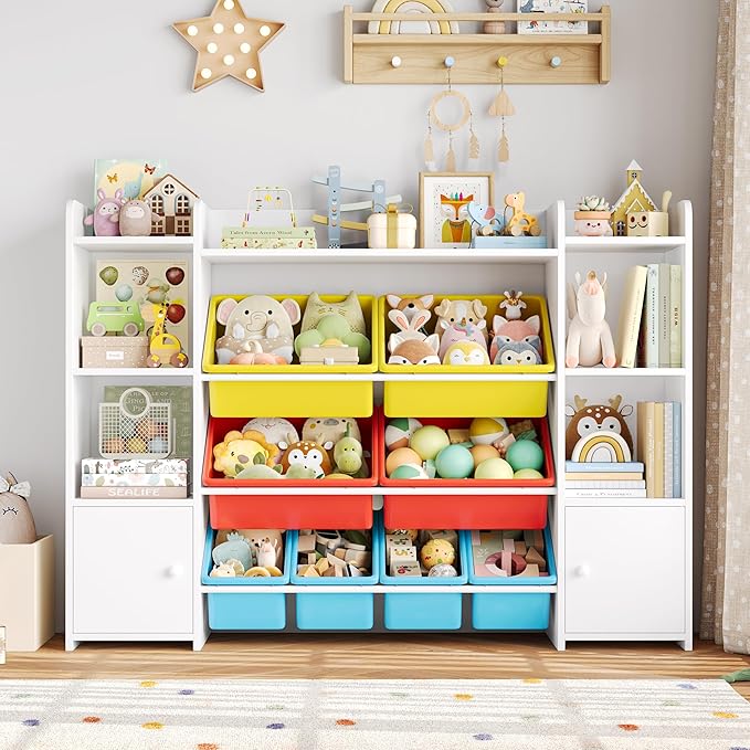 FOTOSOK 55''Large Toy Storage Organizer with 8 Toy Bins, Toy Organizers and Storage with Shelf and 6 Storage Cubbies, Bookshelf, Playroom Organization and Storage Bins, White/Red