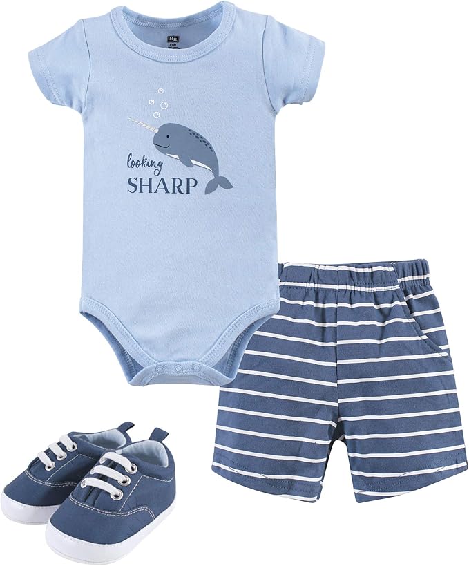 Hudson Baby Unisex Baby Cotton Bodysuit, Shorts and Shoe Set by HudsonBaby