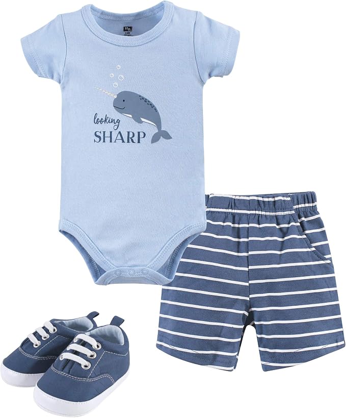 Hudson Baby Unisex Baby Cotton Bodysuit, Shorts and Shoe Set by HudsonBaby