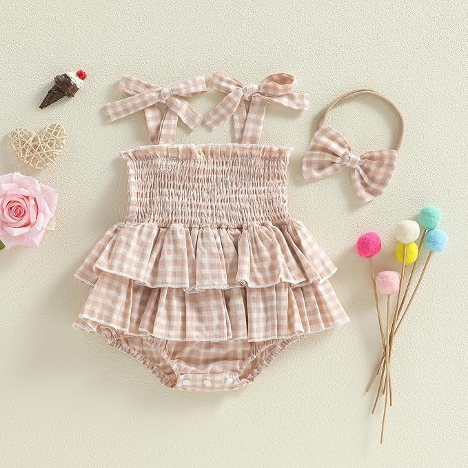 Newborn Baby Girl Summer Clothes Plaid Ruffle Bodysuits Onesie Infant Girl - Image 6