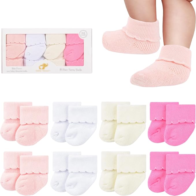 8 Pairs Newborn Socks Thick Cotton Terry Turn Cuff Baby Socks 0-6 Months Cute by BebeFavour