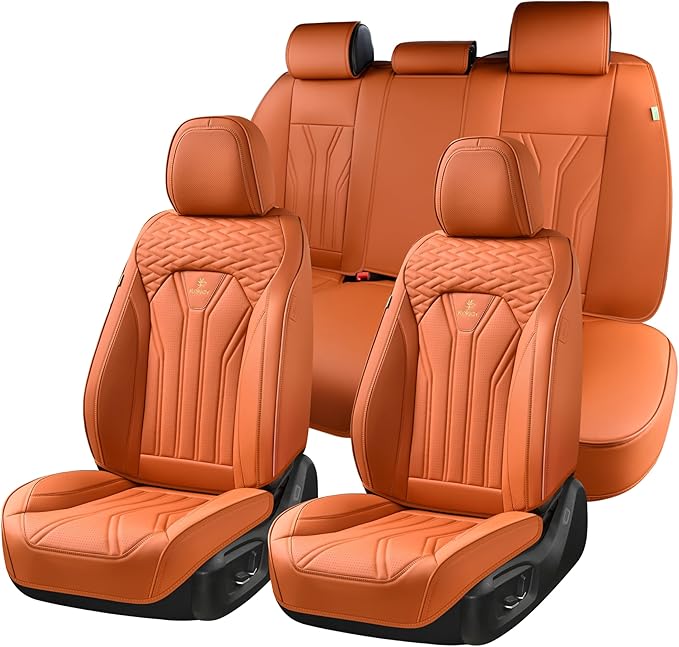 FLORICH Car Seat Covers Full Set, Leather Seat Covers for Cars, Orange Seat Cover, Waterproof Car Seat Cushion Universal Car Seat Protector Front Seats and Back Fit for Most Cars Trucks SUVs