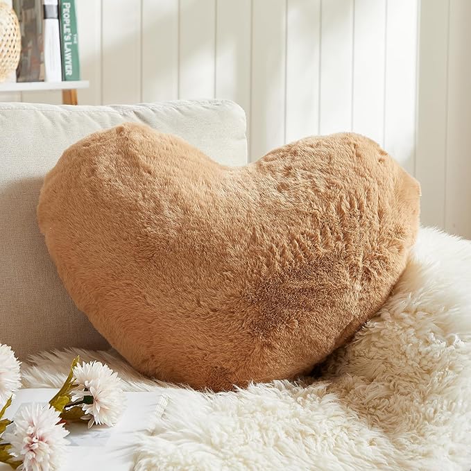 EastTree Heart Pillows, Khaki Heart Shaped Pillows, Love Throw Pillows Gifts, Ultra Soft Faux Rabbit Fur Small Cute Pillows, Women Girls Kid Room Decor 10x13 Inch