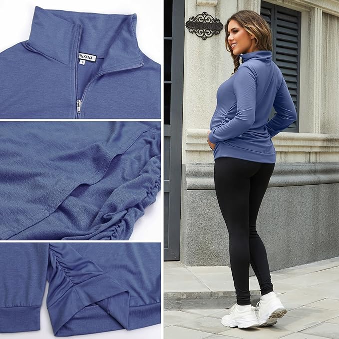 GINKANA Maternity Women's Long Sleeve Shirt Half Zipper Lapel Lightweight Casual Maternity Pullover with Pockets