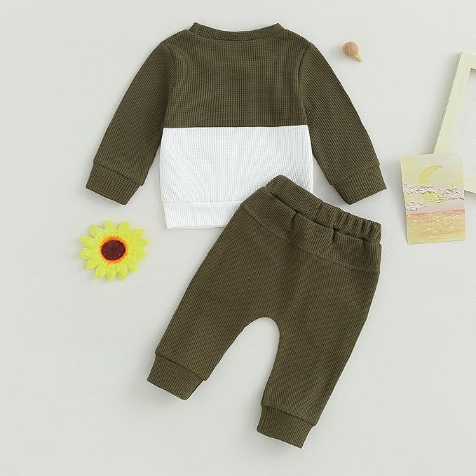 Toddler Baby Boy Fall Clothes Waffle Outfit Long Sleeve Color Blocking Sweatshirt Pullover Jogger Pant Set