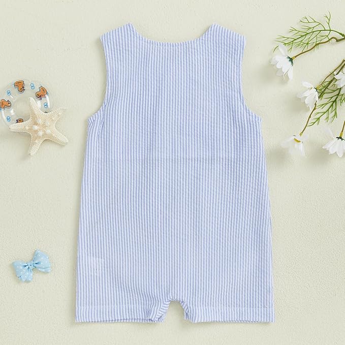Newborn Baby Boys Sleeveless Seersucker Romper One Piece Straps Overalls - Image 3