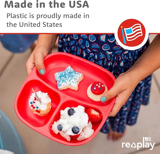 Re-Play Toddler Plates with Dividers & Silicone Lid - Deep-Walled 3 Compartments Divided Plates for Kids - Dishwasher/Microwave Safe - Made in USA - Set of 4-7.37" x 7.37" x 1.25" - A True Blue