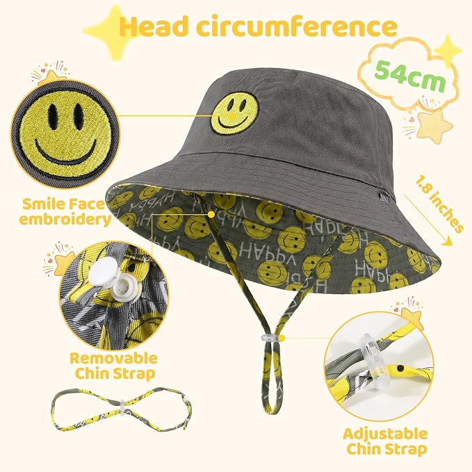 Toddler Hat Reversible Bucket Hat Happy Face Sun Hat Adjustable Chin Strap - Image 4