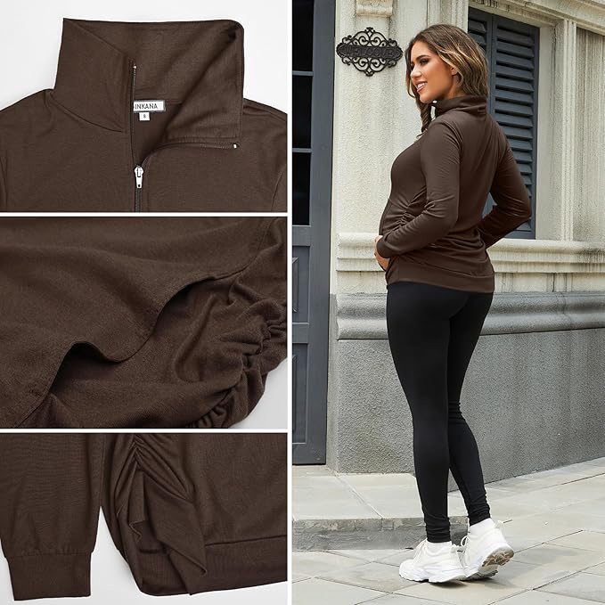 GINKANA Maternity Women's Long Sleeve Shirt Half Zipper Lapel Lightweight Casual Maternity Pullover with Pockets