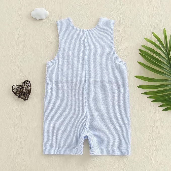 Newborn Baby Boys Sleeveless Seersucker Romper One Piece Straps Overalls - Image 3