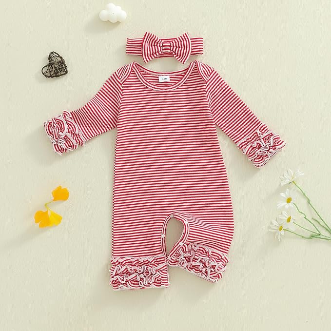 Newborn Baby Girl Clothes Jumpsuit Ruffle Romper Bodysuit Pants Headband - Image 5