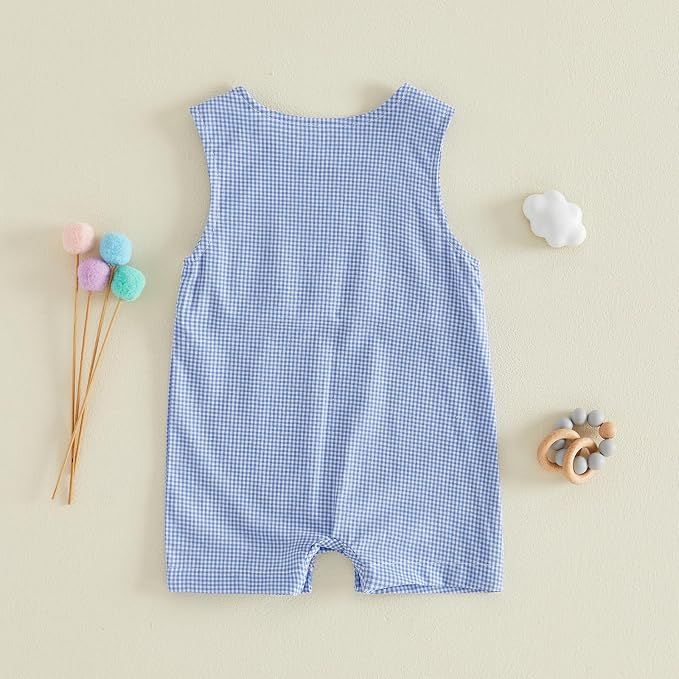 Newborn Baby Boys Sleeveless Seersucker Romper One Piece Straps Overalls - Image 3